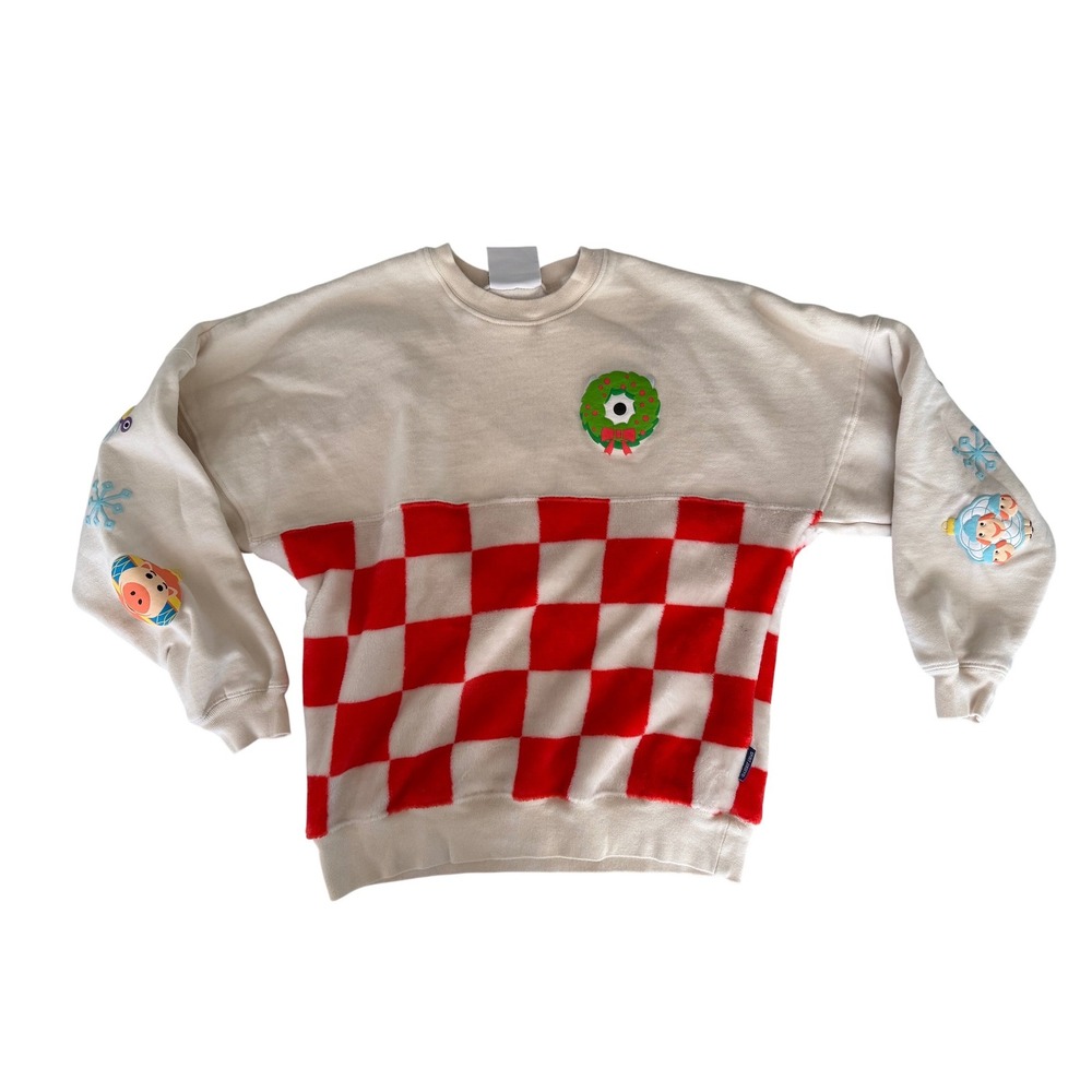 Disney Pixar Holiday Spirit Jersey XS‎ Cream Red Checkered Faux Fur Ornaments